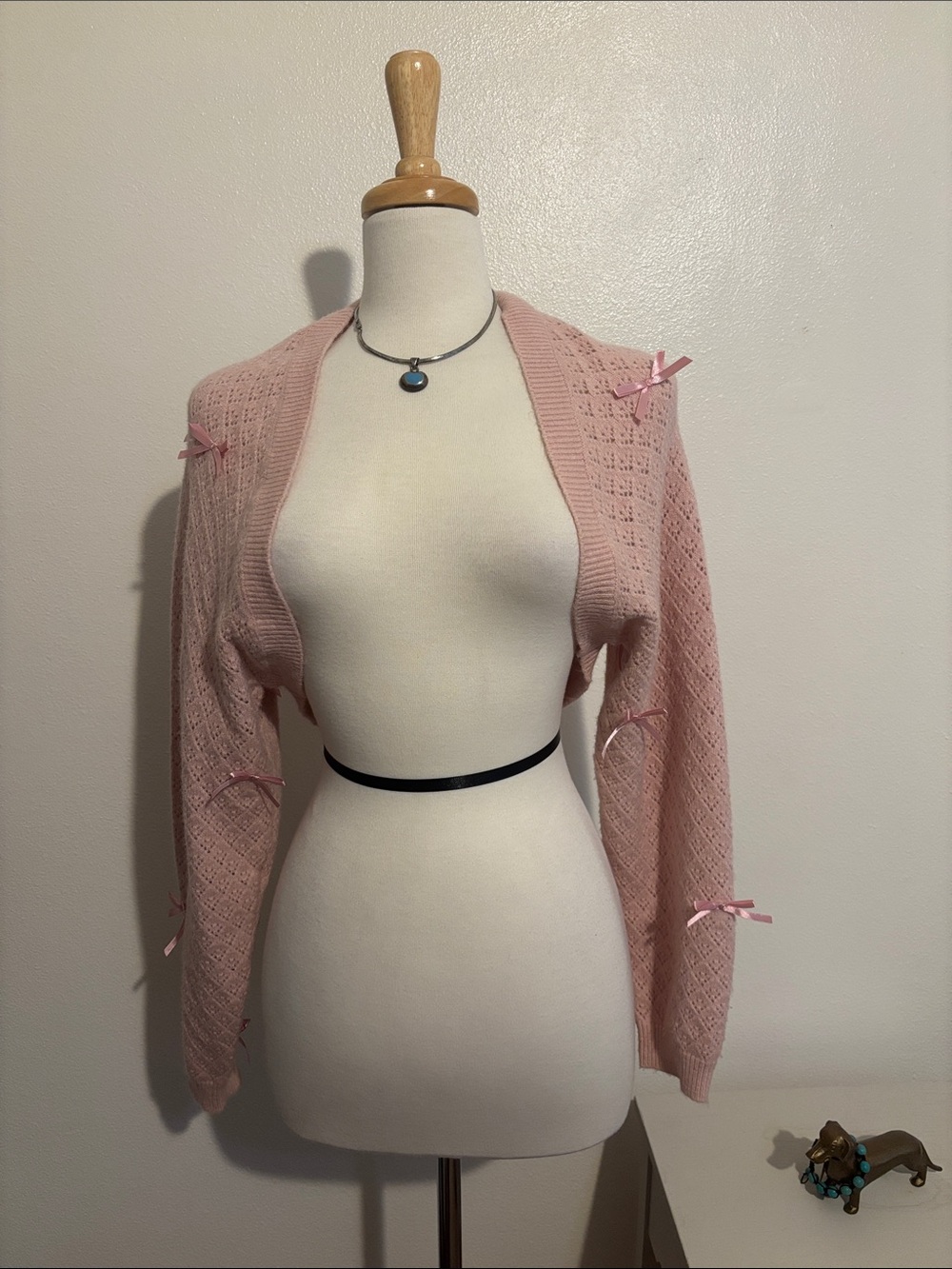 Altar'd State Blush Pink Knit Open-Front Shrug with Ribbon Bows Size Medium